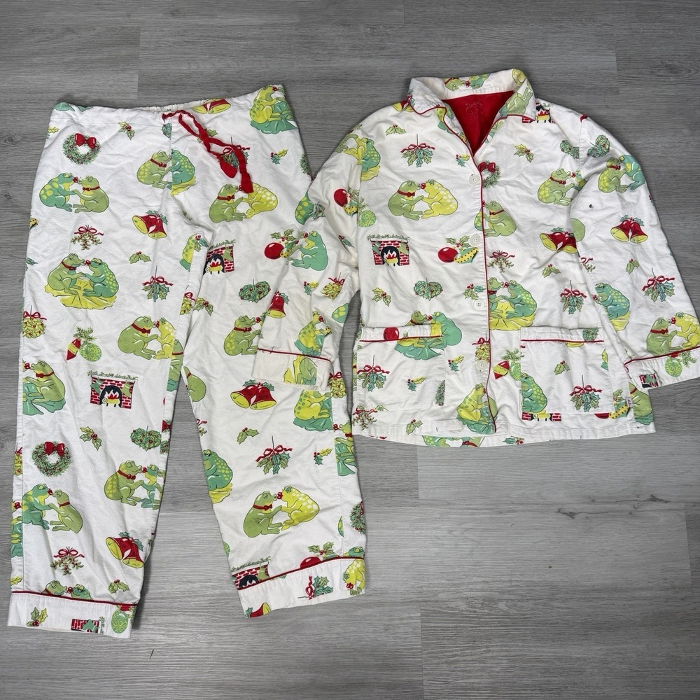 Vintage Nick & Nora Christmas Kissing Frog Flannel Pajama Set S 100% Cotton‎